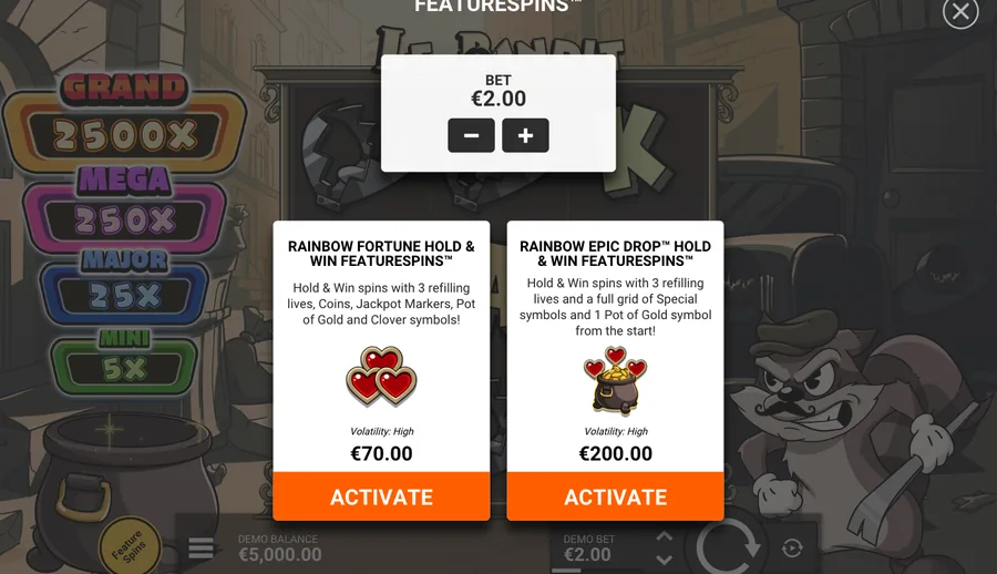 Le Bandit Hold & Win Feature Spins panel, 2 per-spin modes