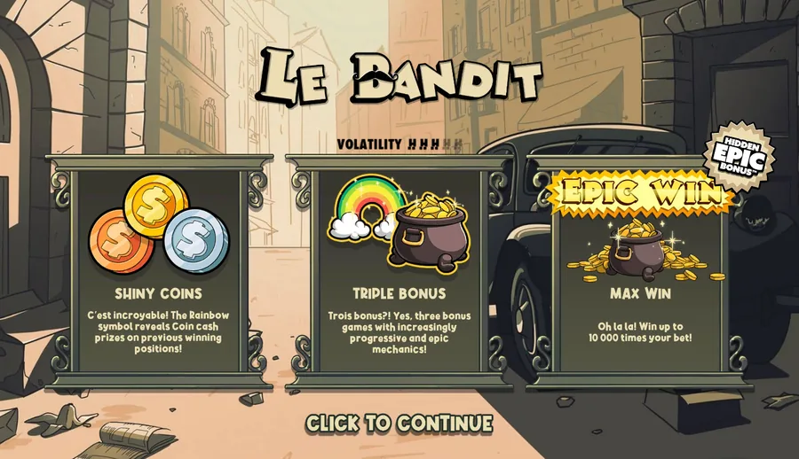 Le Bandit splash screen with the studio volatility meter