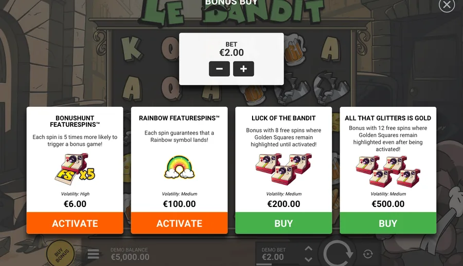 Le Bandit panel: 2 per-spin modes, 2 bonus buys