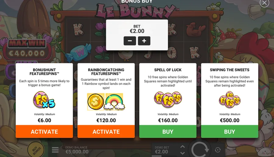 Le Bunny panel: 2 per-spin modes, 2 bonus buys