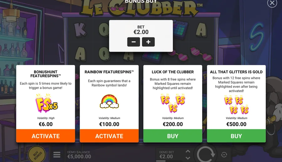 Le Clubber panel: 2 per-spin modes, 2 bonus buys