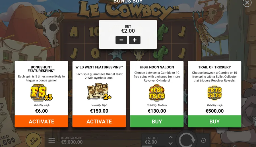 Le Cowboy panel: 2 per-spin modes, 2 bonus buys