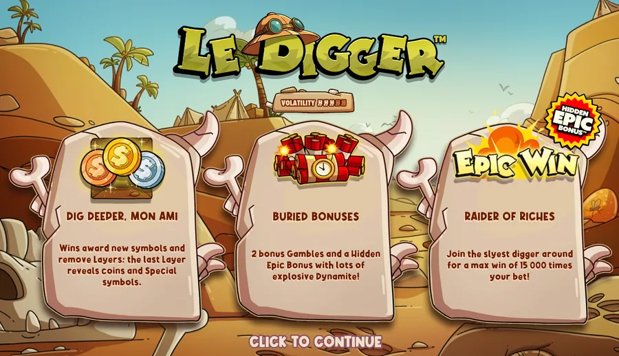 Le Diggers splashskærm med studiets volatilitetsmåler