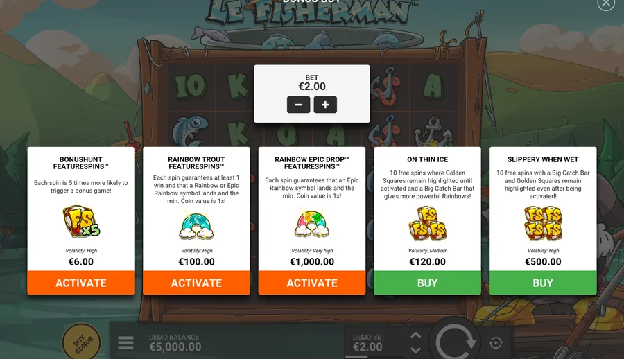 Le Fisherman panel: 3 per-spin modes, 2 bonus buys