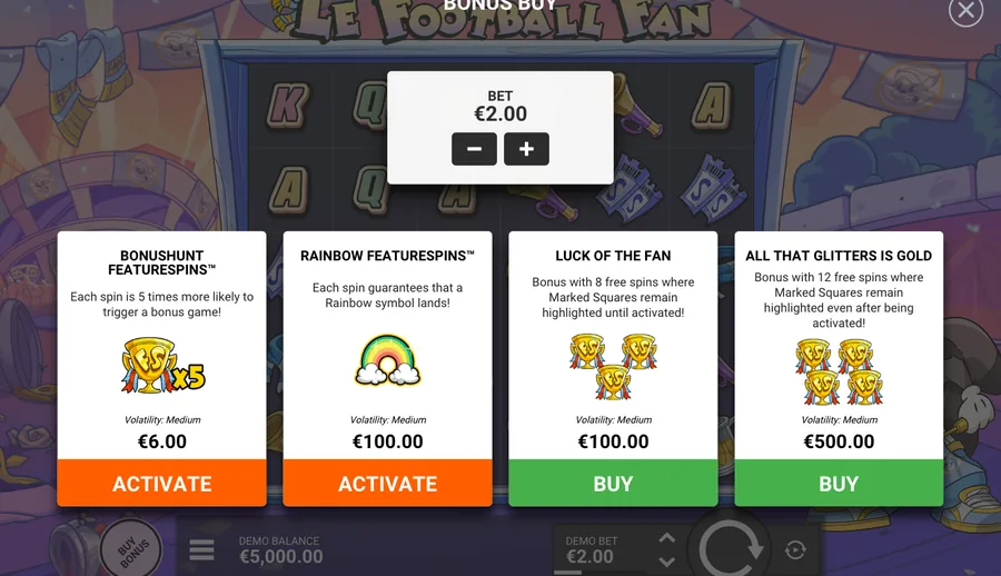 Le Football Fan panel: 2 per-spin modes, 2 bonus buys