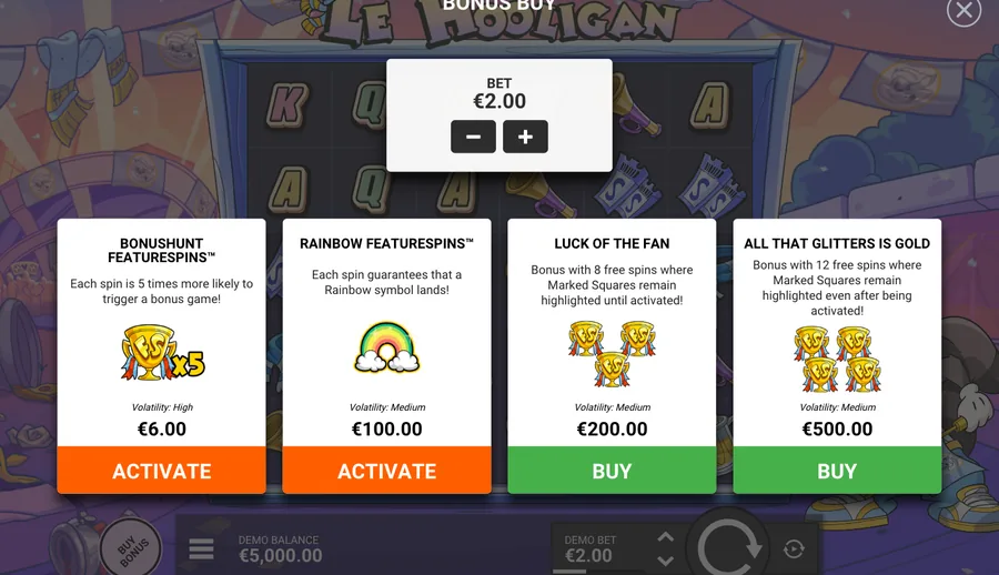 Le Hooligan panel: 2 per-spin modes, 2 bonus buys