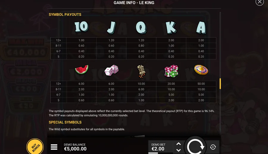 Le King GAME INFO, open on the symbol payout table