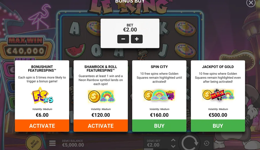Le King panel: 2 per-spin modes, 2 bonus buys