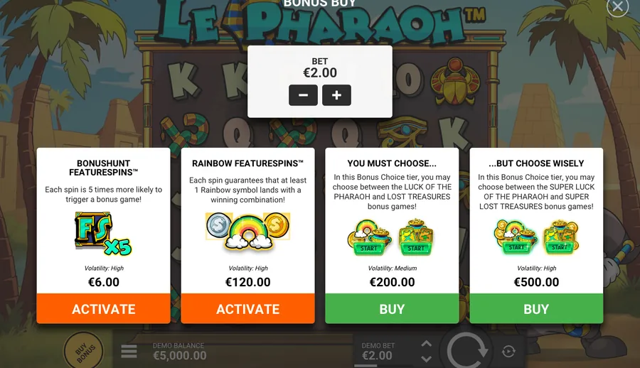 Le Pharaoh panel: 2 per-spin modes, 2 bonus buys