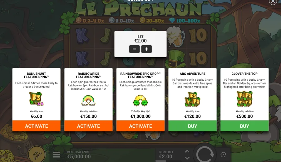 Le Prechaun panel: 3 per-spin modes, 2 bonus buys