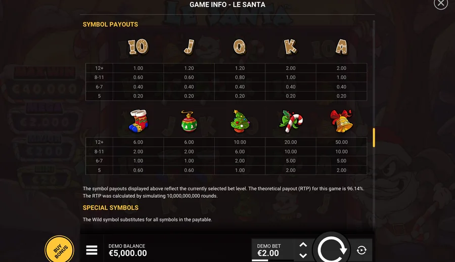 Le Santa GAME INFO, open on the symbol payout table
