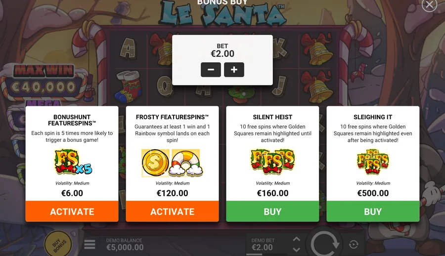 Le Santa panel: 2 per-spin modes, 2 bonus buys