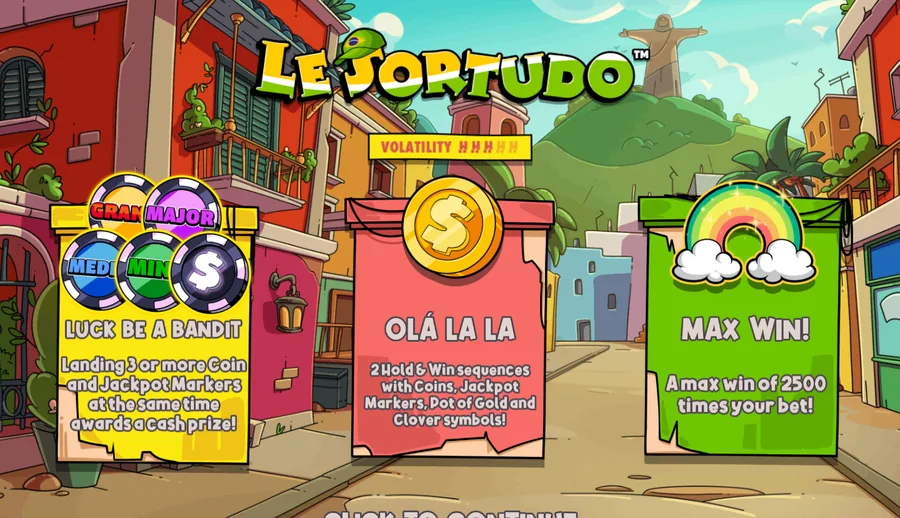 Le Sortudos splashskærm med studiets volatilitetsmåler