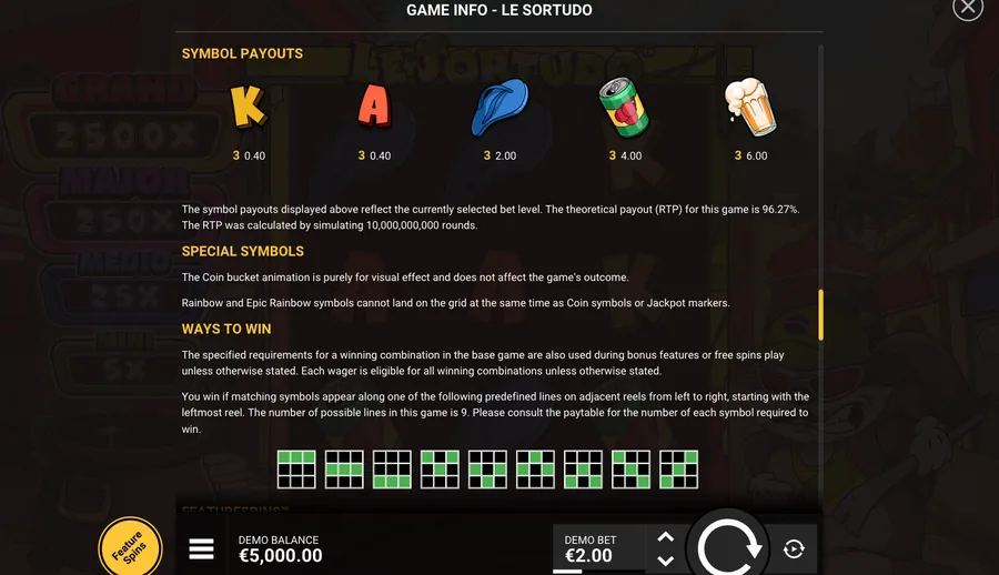 Le Sortudo GAME INFO, åben på symbolernes udbetalingstabel