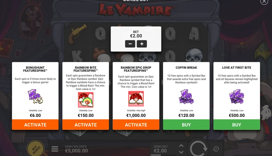 Le Vampire-panelet: 3 tilstande pr. spin, 2 bonuskøb