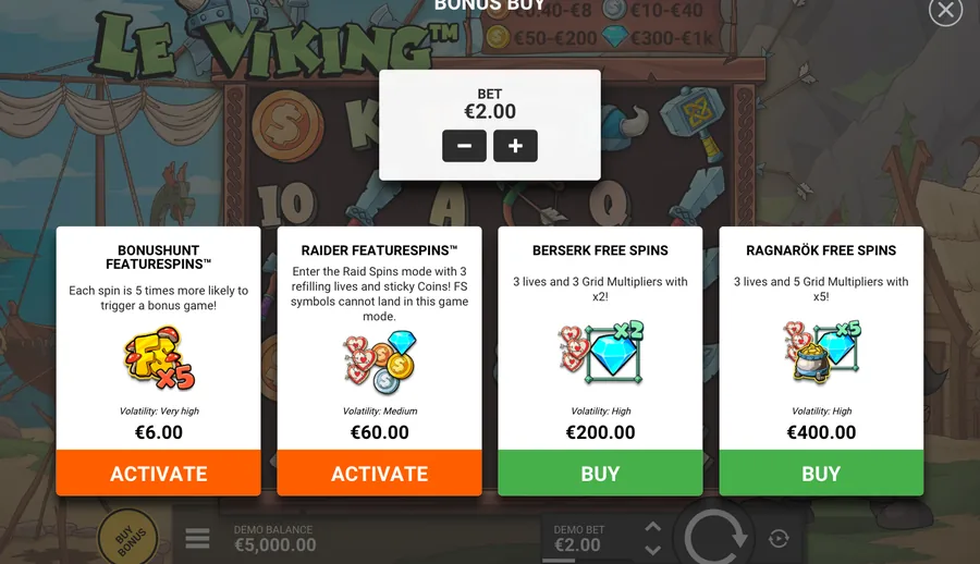 Le Viking panel: 2 per-spin modes, 2 bonus buys