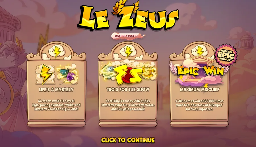 Le Zeus splash screen with the studio volatility meter