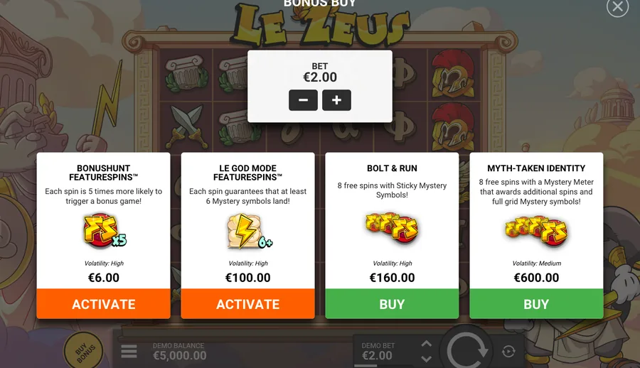 Le Zeus panel: 2 per-spin modes, 2 bonus buys